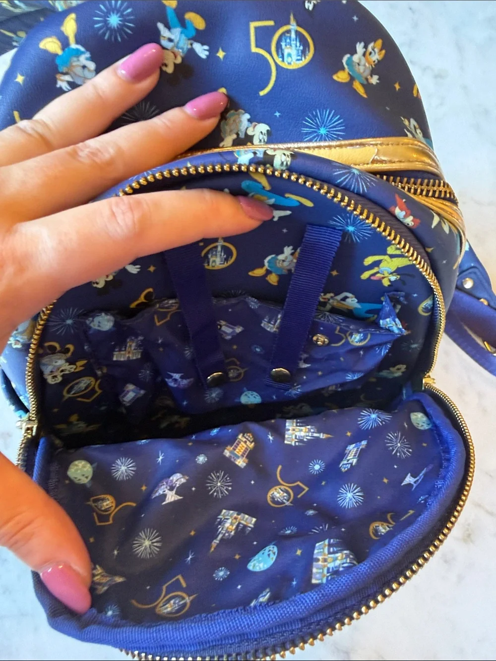 Loungefly Navy and Gold Disney Parks 50th Anniversary Kids Mini Backpack